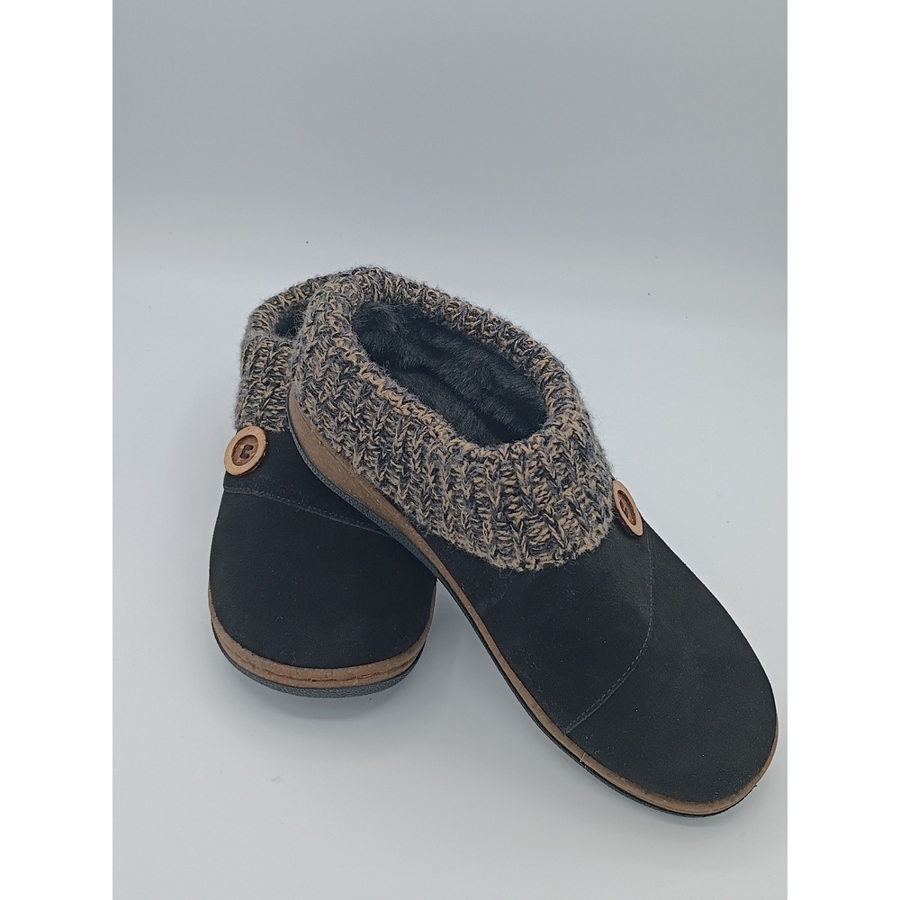 Clarks Womens Suede Knit Collar Slippers Black 8M Faux Fur Lining